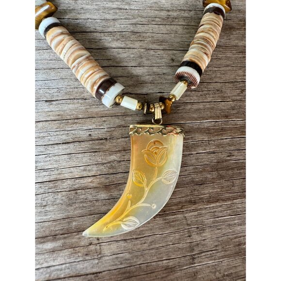 Handcrafted Boho Seashell Necklace With Carved Horn Pendant - Picture 4 of 8